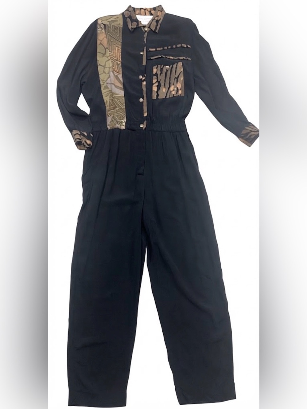 VTG Saint Germain Paris 80s 90s Patchwork Jumpsuit Romper Black Gold Buttons 8